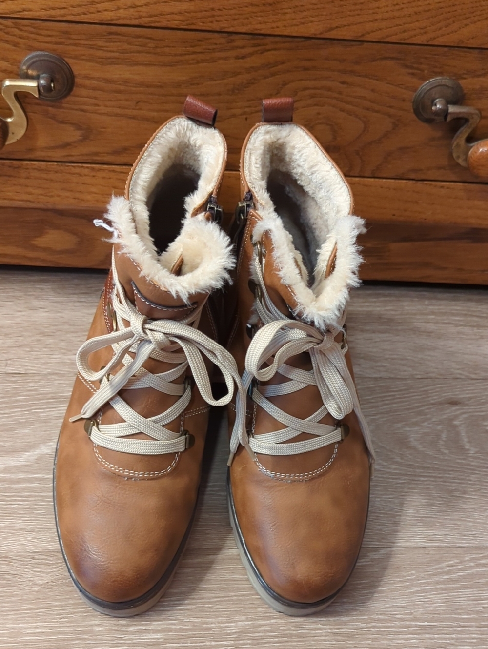 Spring Step Vegan Brown Faux Fur Trim Lace-Up Micha Boots Sz 40 US 9